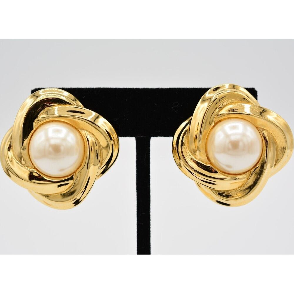 Givenchy Vintage Clip On Earrings Gold Chunky Pearl Large Runway Signed BinAI